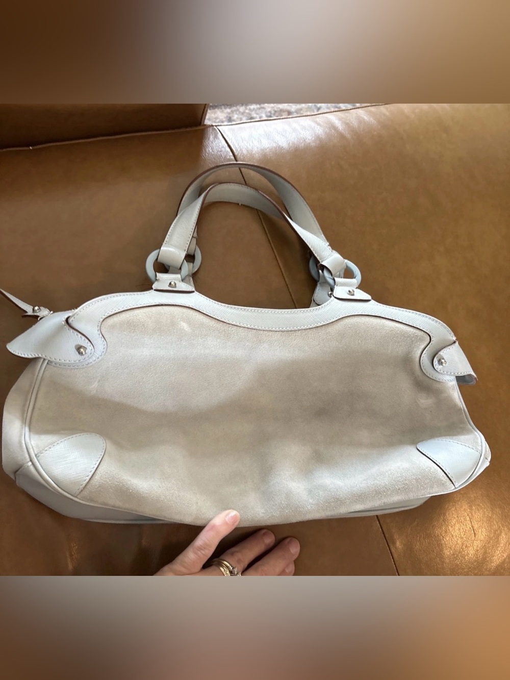 Salvatore Ferragamo Gancini Baguette Light Blue Suede & Saffiano Leather  RARE - Picture 2 of 15